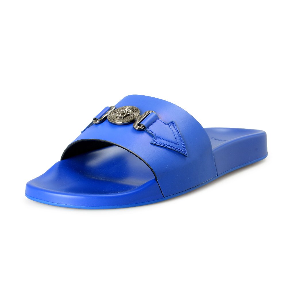 Versace Men's Cobalt & Silver Leather Flip Flops Pool Slides Shoes Us 8 It 41